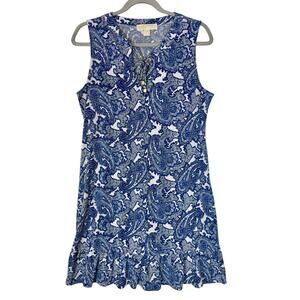 Michael Kors Dress Womens Medium Blue Paisley Knee Length Ruffle Hem Tie Front